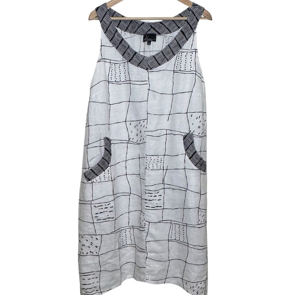 Olivia by Habitat 100% Linen White Black Grid Pattern Museum Dress Pockets